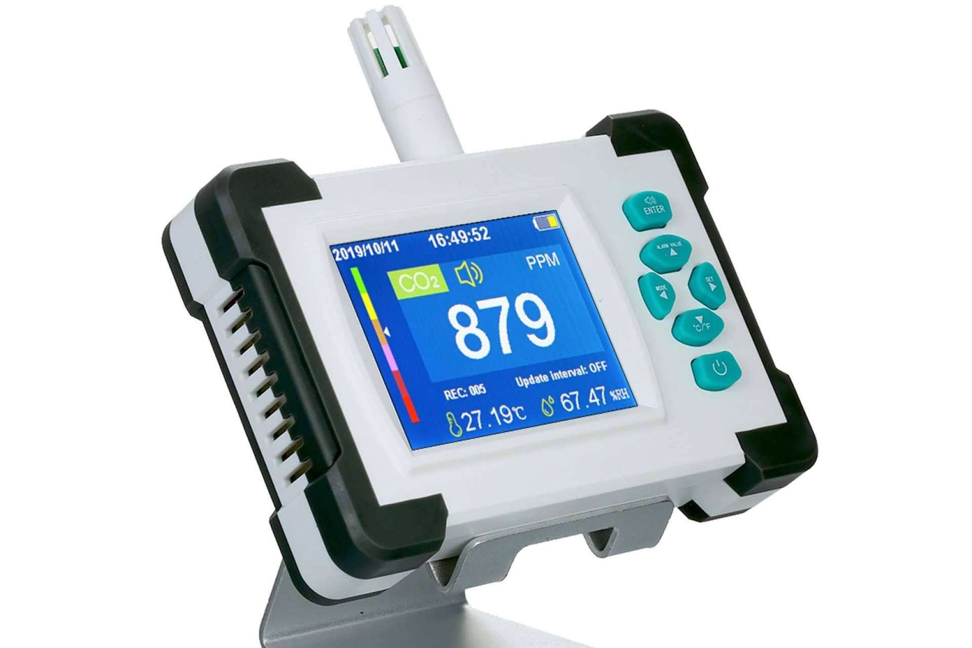 Medir la calidad del aire en tiempo real es posible gracias al Medidor/Detector de CO2 de la marca Dioxcare que ofrece Protect Soiart Distribución